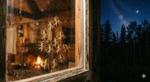 夜の窓にたかるハチの画像